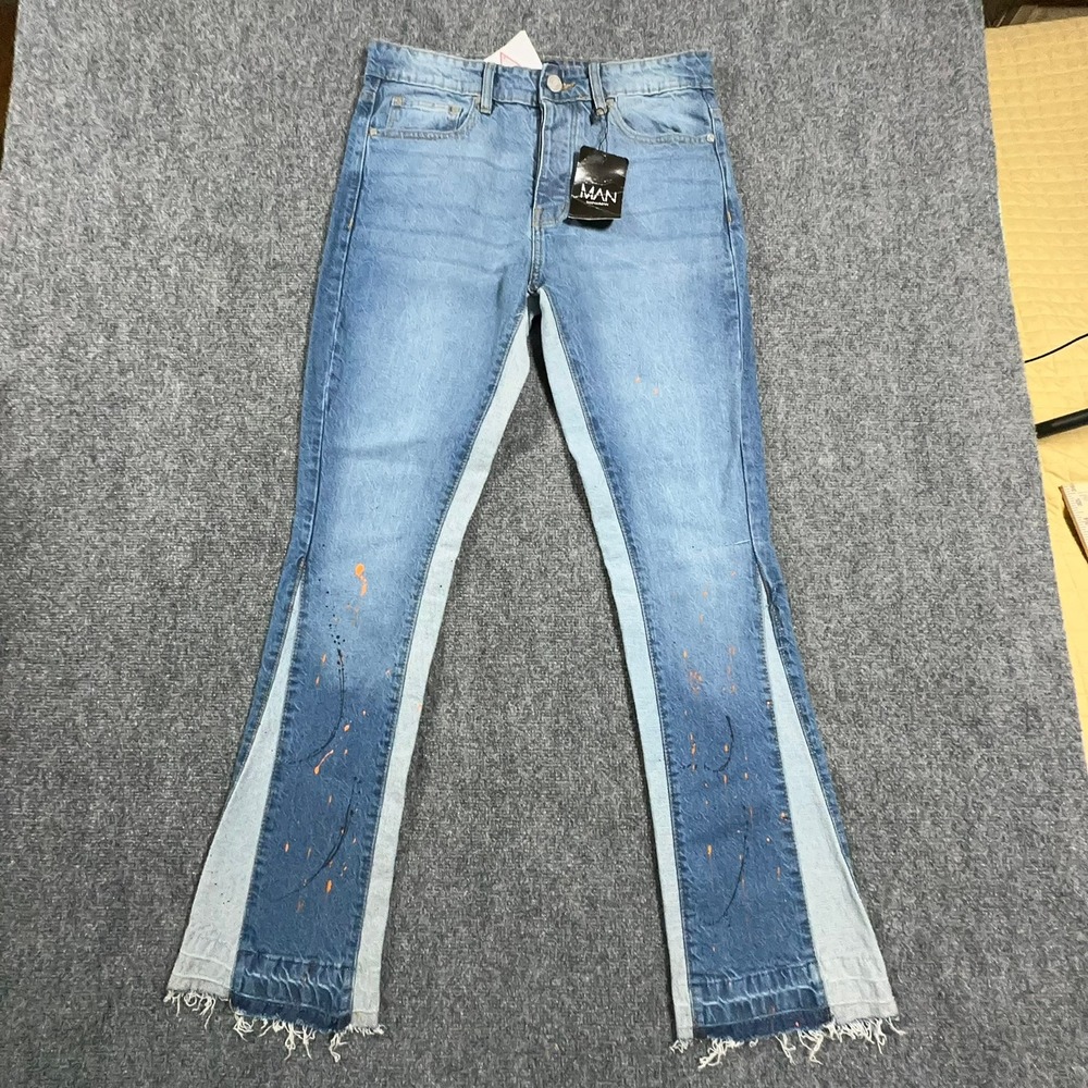 MAN Boohoo Skinny Paint Splatter Panel Jeans Men's 32S Light Blue NWT - One Flaw